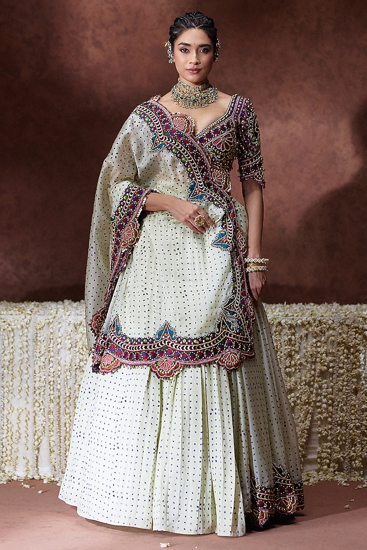 Off-White Organza Satin Pleated Reception Lehenga Saree Set by Payal & Zinal at Pernia's Pop Up Shop