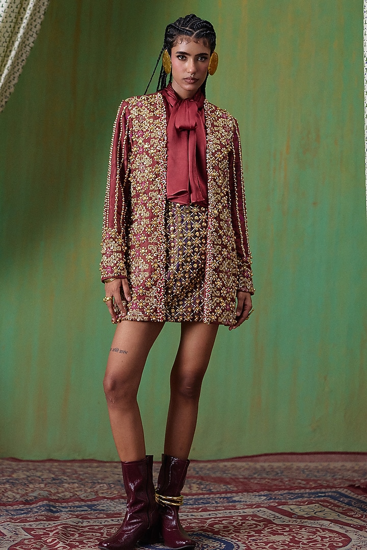 Maroon Velvet Twill Embroidered Blazer Set by Payal & Zinal at Pernia's Pop Up Shop