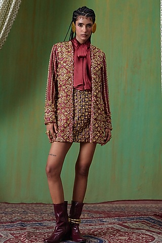 Maroon Velvet Twill Embroidered Blazer Set by Payal & Zinal