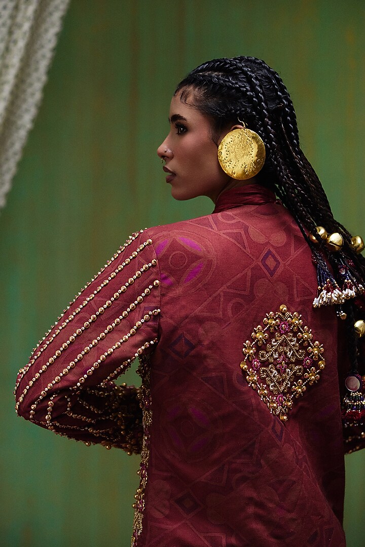 Maroon Velvet Twill Embroidered Blazer Set by Payal & Zinal at Pernia's Pop Up Shop