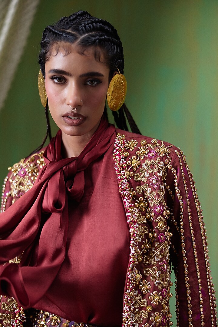 Maroon Velvet Twill Embroidered Blazer Set by Payal & Zinal at Pernia's Pop Up Shop