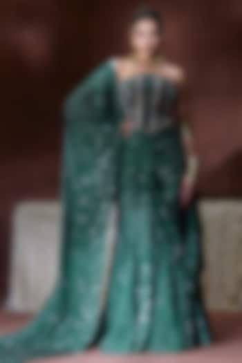 Green Georgette Printed Draped Wedding Saree Set by Payal & Zinal at Pernia's Pop Up Shop