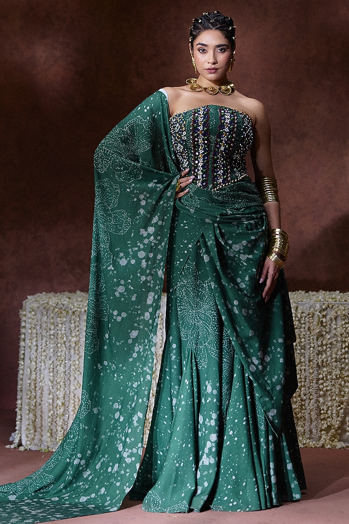 Green Georgette Printed Draped Wedding Saree Set by Payal & Zinal at Pernia's Pop Up Shop