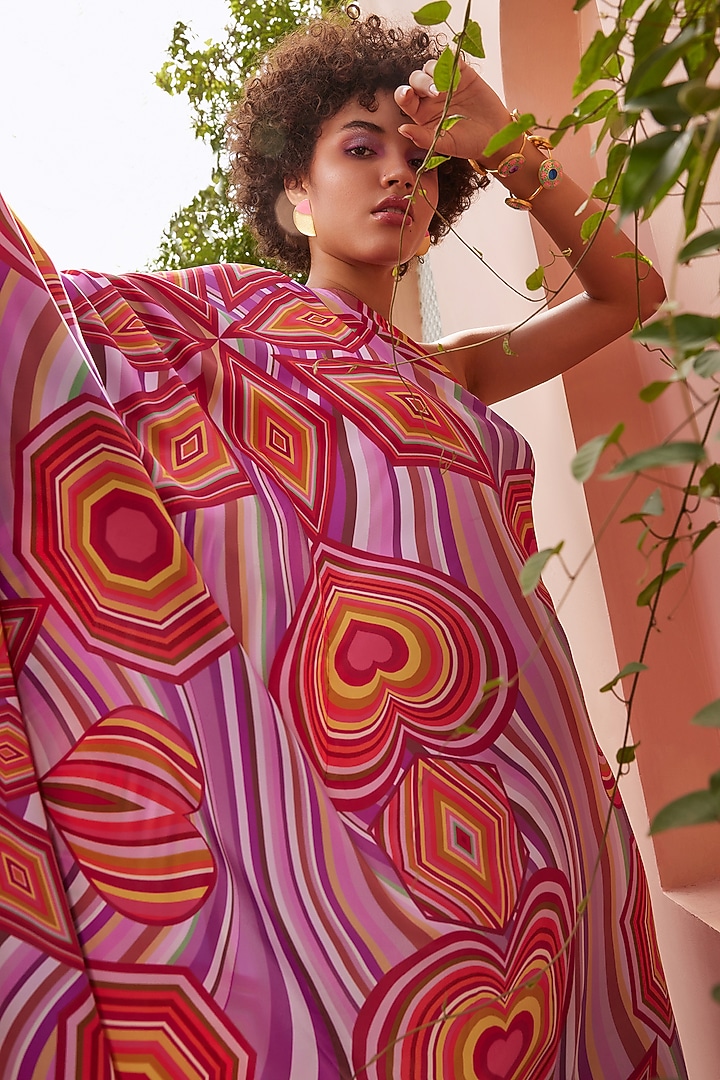 Multi-Colored French Crepe One-Shoulder Kaftan by ZiP by Payal & Zinal at Pernia's Pop Up Shop