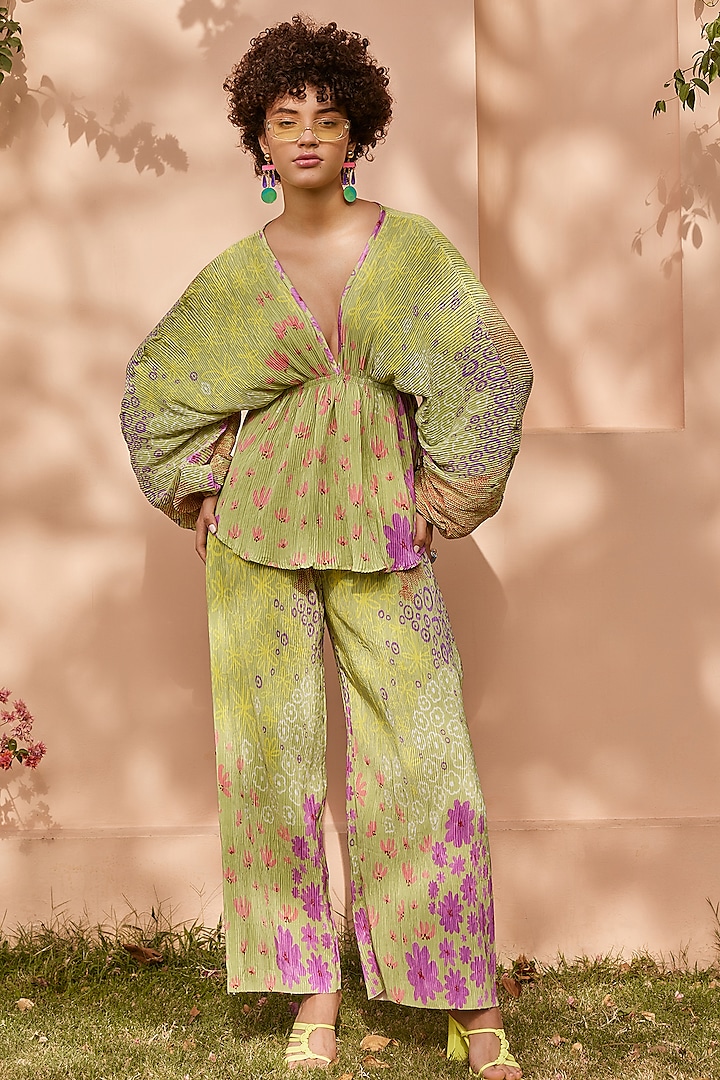 Green Pleated Satin Co-Ord Set by ZiP by Payal & Zinal