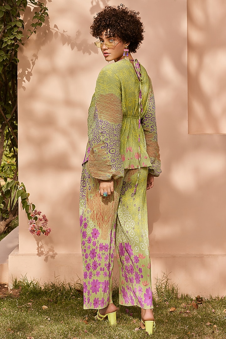 Green Pleated Satin Co-Ord Set by ZiP by Payal & Zinal at Pernia's Pop Up Shop