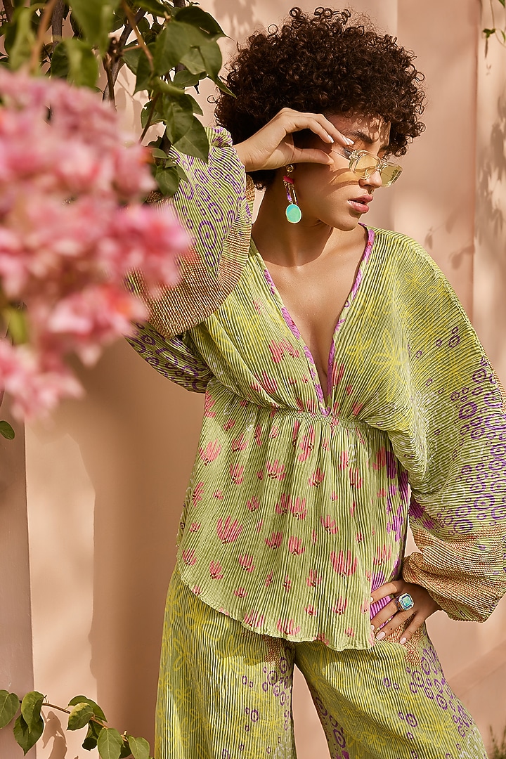 Green Pleated Satin Co-Ord Set by ZiP by Payal & Zinal at Pernia's Pop Up Shop