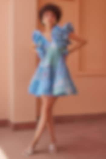 Blue Cotton Printed Mini Dress by ZiP by Payal & Zinal