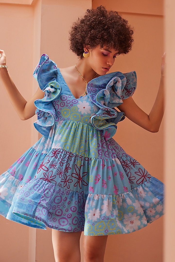 Blue Cotton Printed Mini Summer Dress by ZiP by Payal & Zinal at Pernia's Pop Up Shop