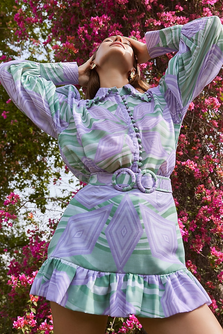 Lilac & Green Cotton Ruffled Skirt Set by ZiP by Payal & Zinal at Pernia's Pop Up Shop