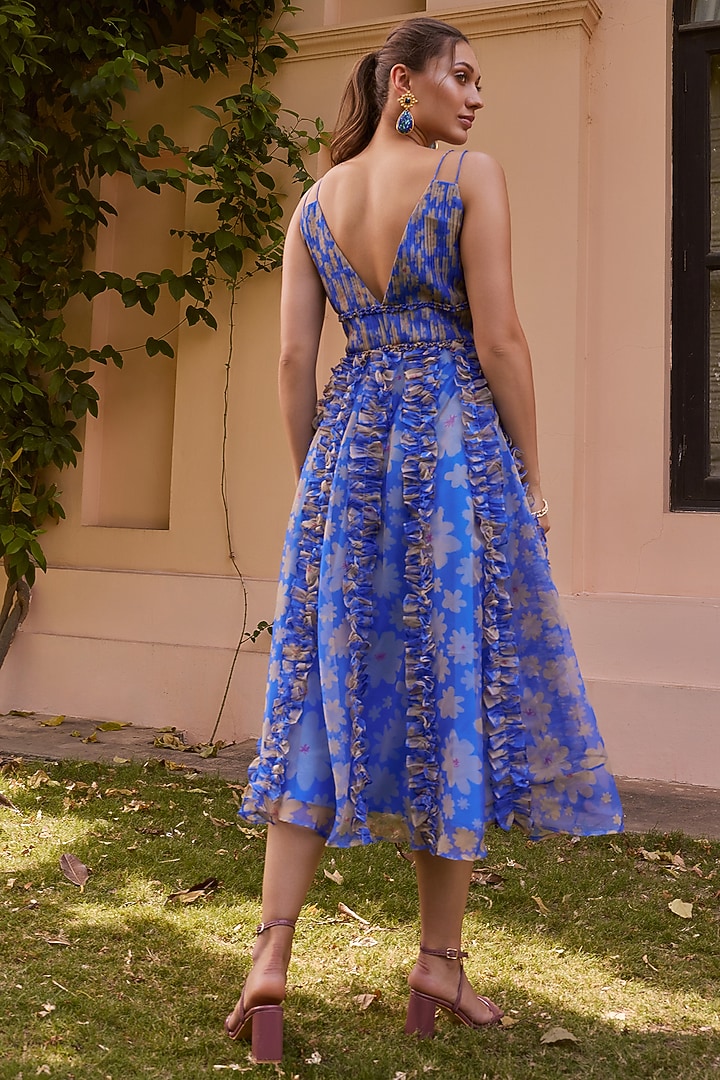 Blue Organza Frilled Vacation Dress by ZiP by Payal & Zinal at Pernia's Pop Up Shop