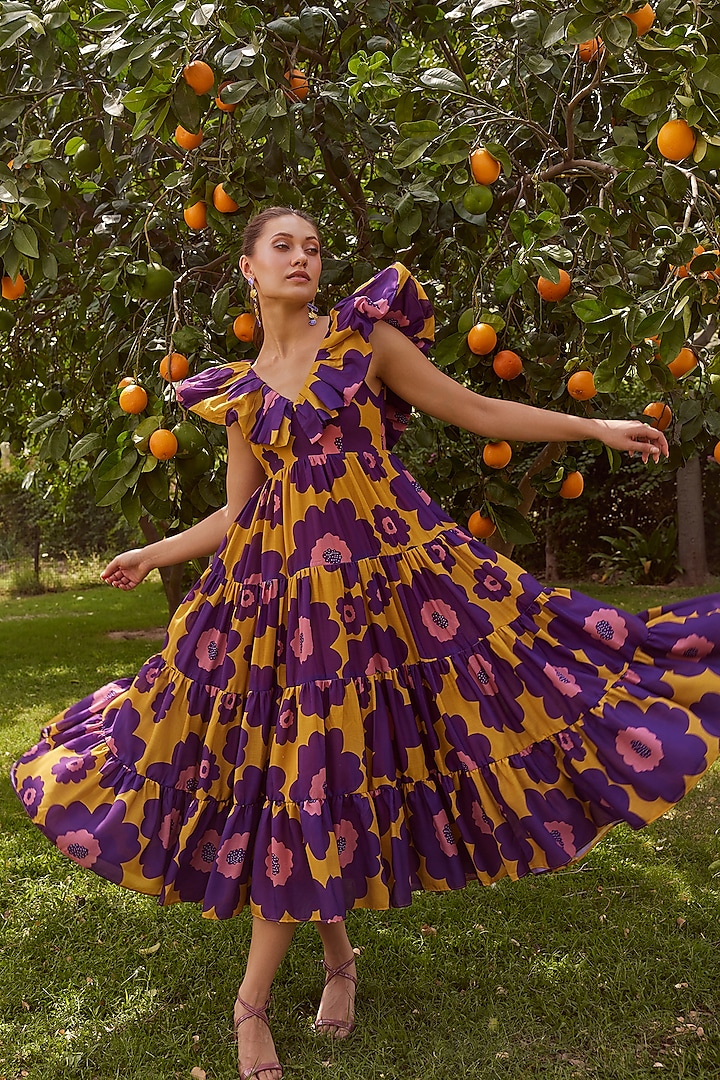 Mustard & Purple Cotton Dress by ZiP by Payal & Zinal