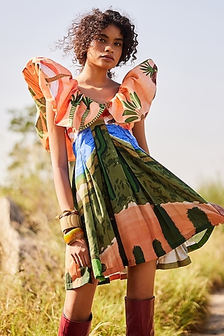 Multi-Colored Cotton Linen Pleated Mini Dress by ZiP by Payal & Zinal