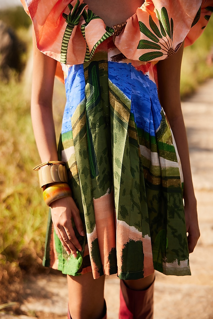 Multi-Colored Cotton Linen Pleated Mini Summer Dress by ZiP by Payal & Zinal at Pernia's Pop Up Shop