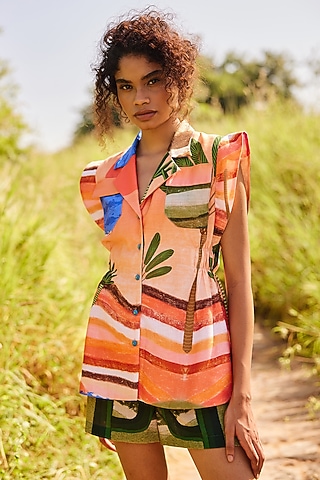 Multi-Colored Cotton Linen Printed Blazer by ZiP by Payal & Zinal