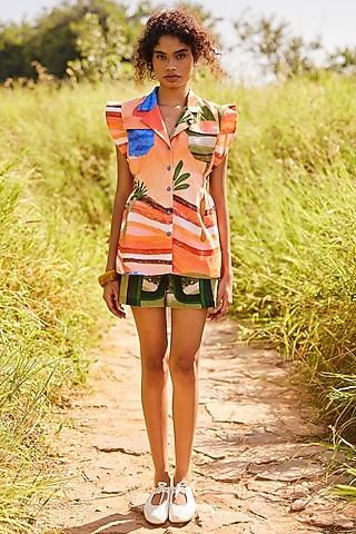 Multi-Colored Cotton Linen Printed Shorts by ZiP by Payal & Zinal