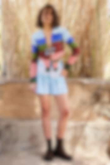 Bluish White Rib Lycra Shorts by ZiP by Payal & Zinal at Pernia's Pop Up Shop