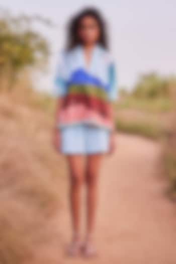 Bluish White Cotton Linen Printed Shorts by ZiP by Payal & Zinal at Pernia's Pop Up Shop