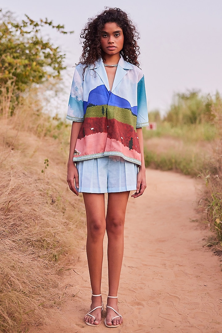 Bluish White Cotton Linen Printed Shorts by ZiP by Payal & Zinal at Pernia's Pop Up Shop