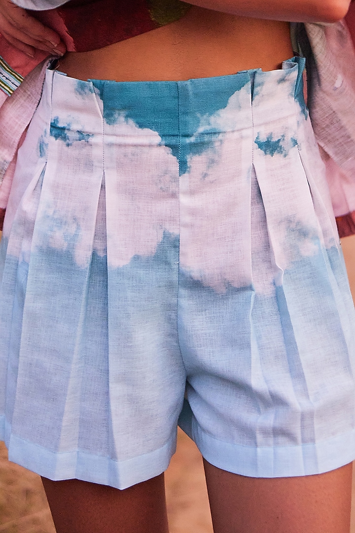Bluish White Cotton Linen Printed Shorts by ZiP by Payal & Zinal at Pernia's Pop Up Shop