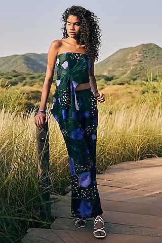 Green & Purple Cotton Linen Floral Pants by ZiP by Payal & Zinal