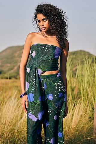 Green & Purple Cotton Linen Floral Top by ZiP by Payal & Zinal