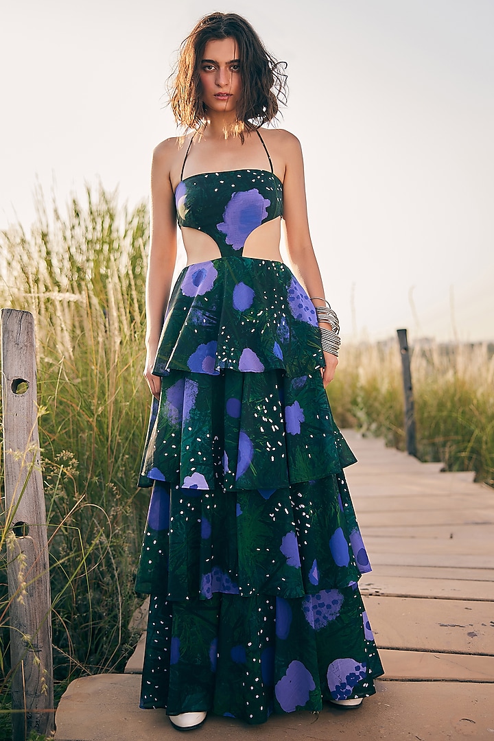 Green & Purple Georgette Layered Summer Dress by ZiP by Payal & Zinal at Pernia's Pop Up Shop