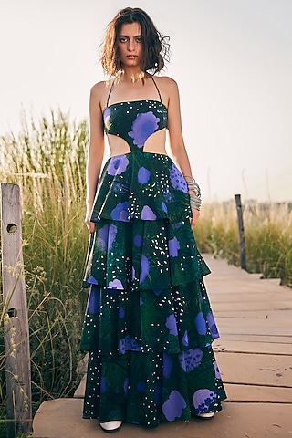 Green & Purple Georgette Layered Dress by ZiP by Payal & Zinal