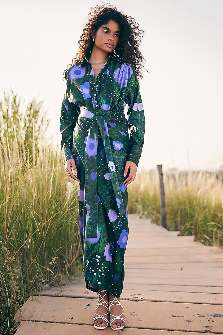 Green & Purple Cotton Linen Draped Skirt Set by ZiP by Payal & Zinal at Pernia's Pop Up Shop