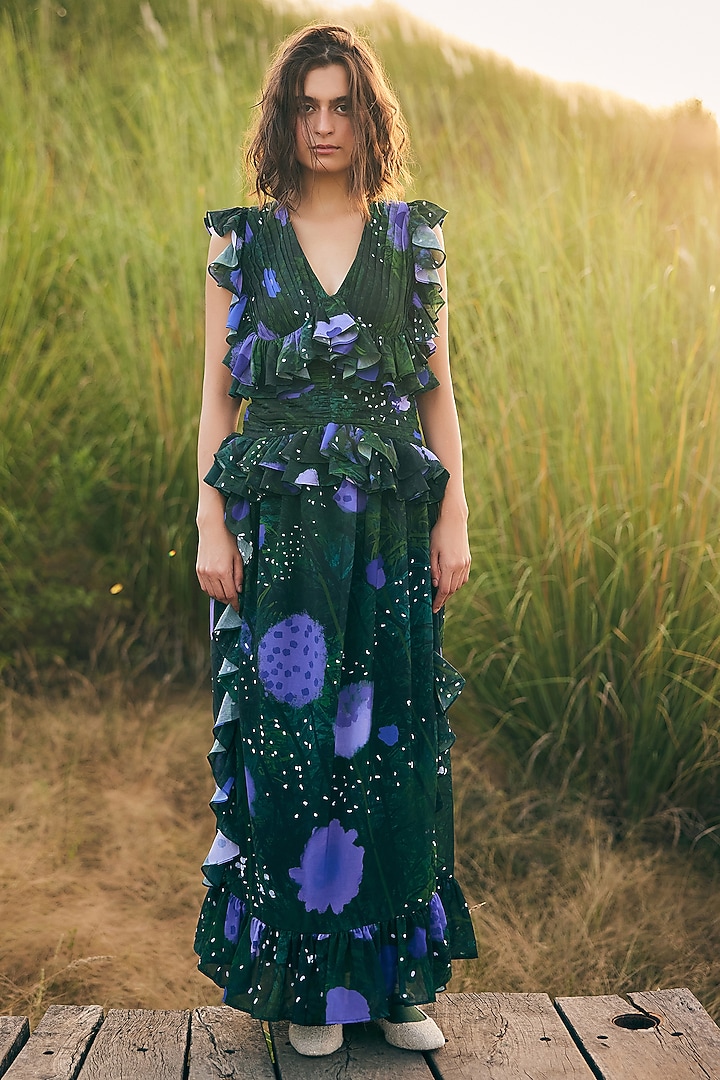 Green & Purple Georgette Ruffled Maxi Vacation Dress by ZiP by Payal & Zinal at Pernia's Pop Up Shop