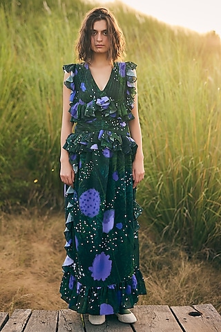 Green & Purple Georgette Ruffled Maxi Dress by ZiP by Payal & Zinal