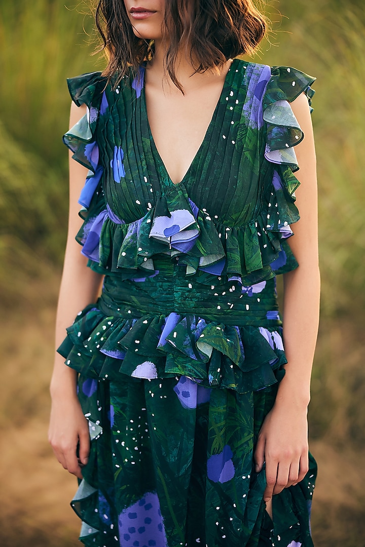 Green & Purple Georgette Ruffled Maxi Vacation Dress by ZiP by Payal & Zinal at Pernia's Pop Up Shop