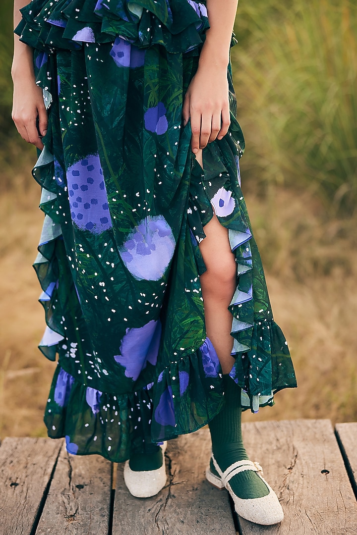 Green & Purple Georgette Ruffled Maxi Vacation Dress by ZiP by Payal & Zinal at Pernia's Pop Up Shop