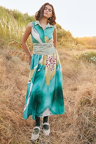 Seafoam Green Cotton Linen Maxi Dress by ZiP by Payal & Zinal
