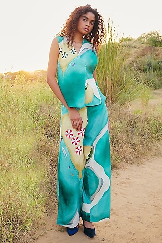 Seafoam Green Cotton Linen Pants by ZiP by Payal & Zinal