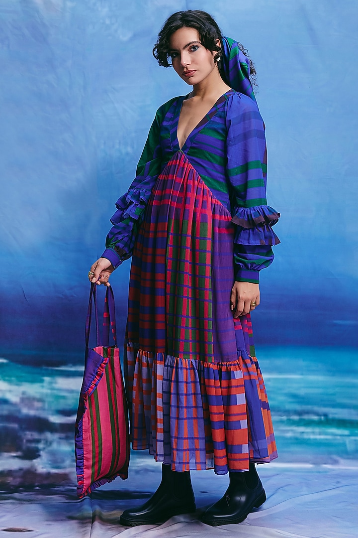 Multi-Colored Georgette Checkered Midi Summer Dress by ZiP by Payal & Zinal at Pernia's Pop Up Shop