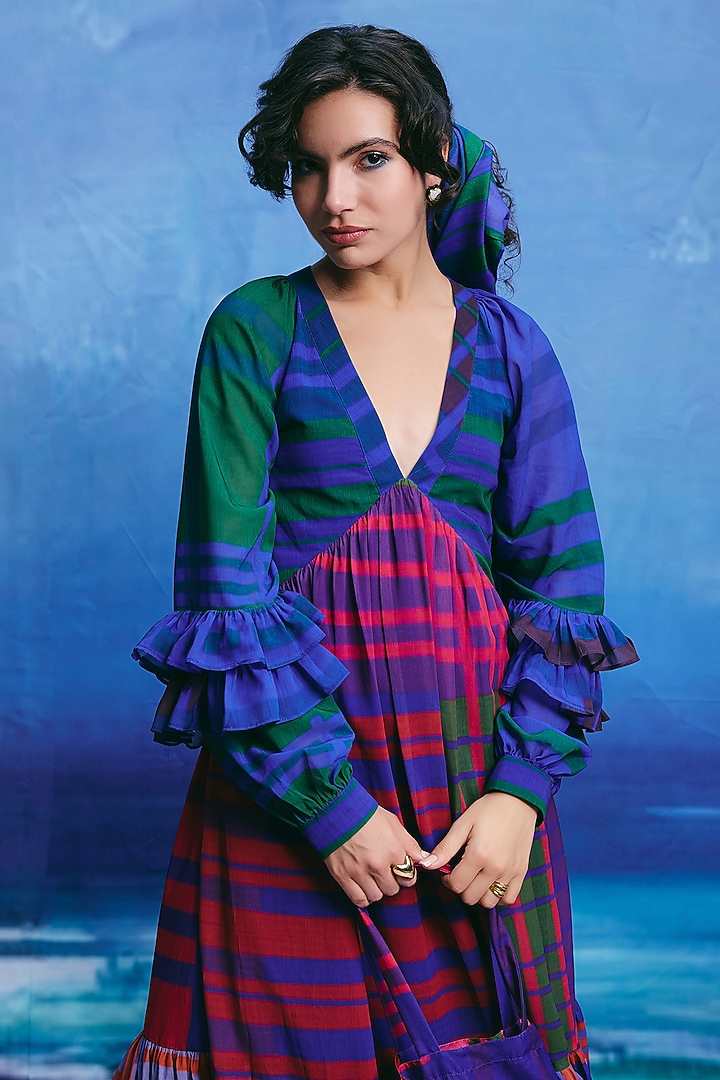 Multi-Colored Georgette Checkered Midi Summer Dress by ZiP by Payal & Zinal at Pernia's Pop Up Shop