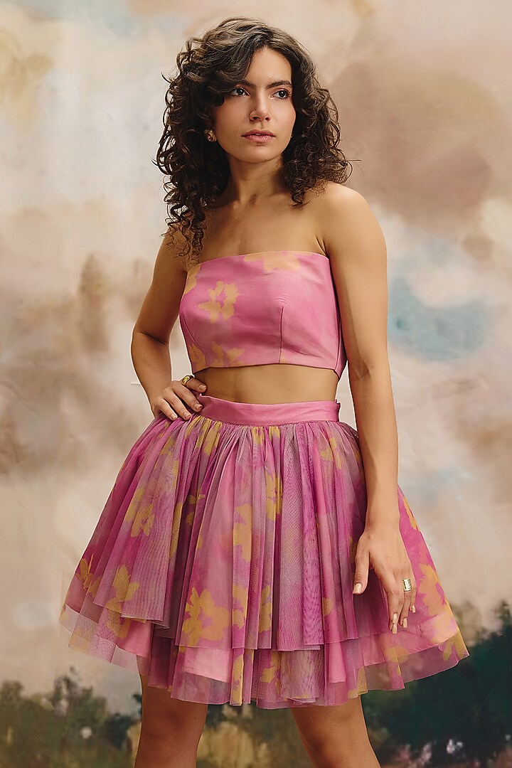 Pink Soft Net & Georgette Pleated Skirt by ZiP by Payal & Zinal at Pernia's Pop Up Shop
