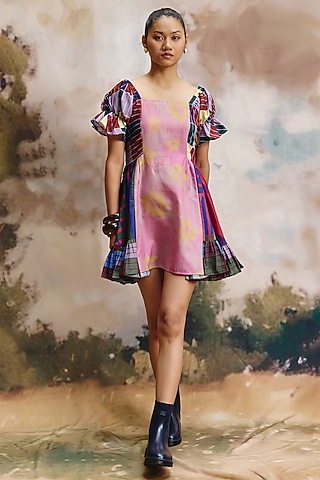 Multi-Colored Cotton Linen Checkered Mini Dress by ZiP by Payal & Zinal