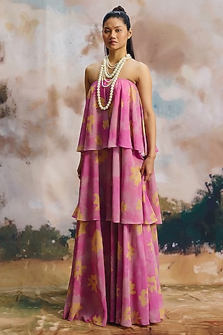 Soft Pink Georgette Maxi Tiered Dress by ZiP by Payal & Zinal