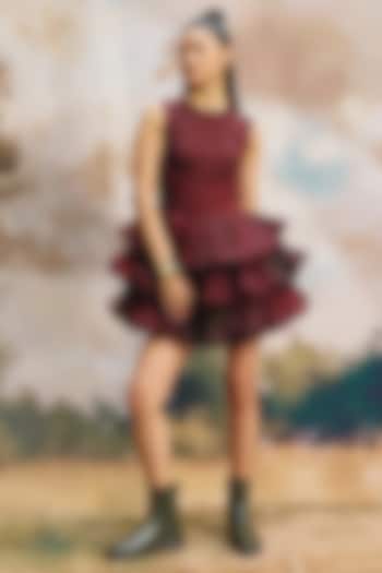 Deep Burgundy Organza Ruffled Mini Summer Dress by ZiP by Payal & Zinal at Pernia's Pop Up Shop