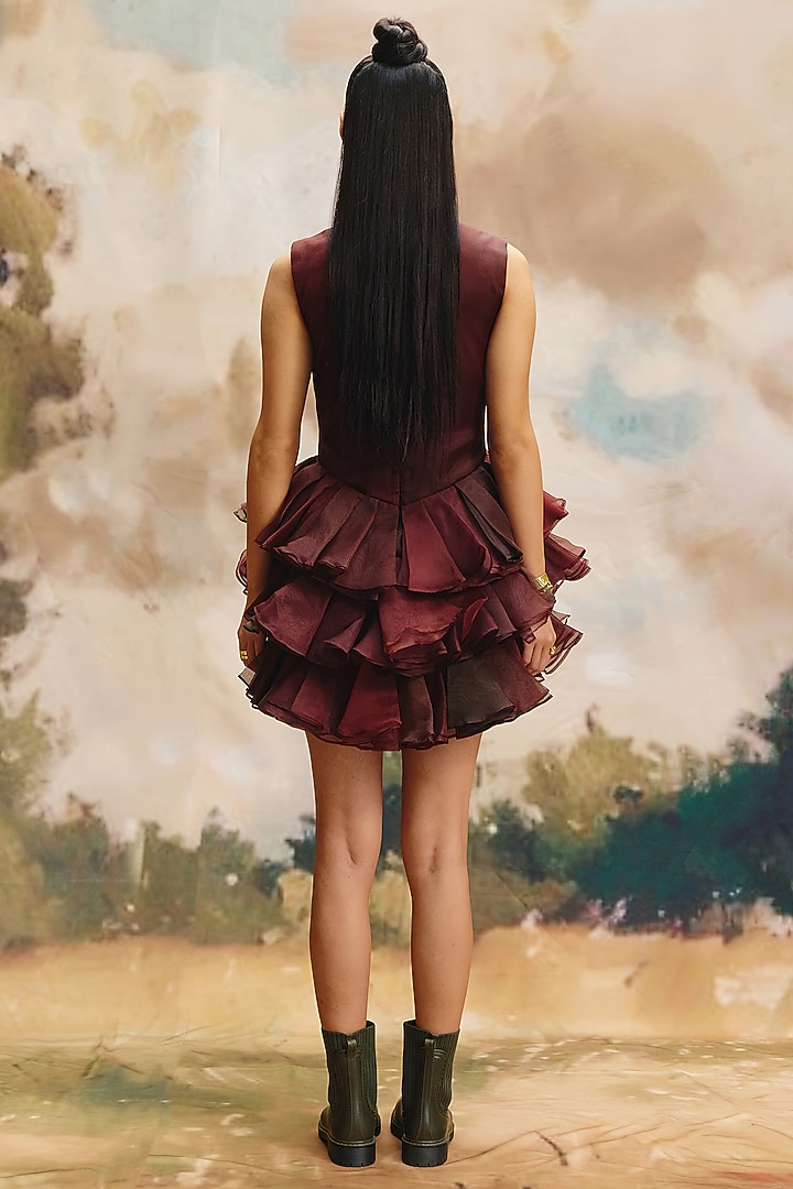 Deep Burgundy Organza Ruffled Mini Summer Dress by ZiP by Payal & Zinal at Pernia's Pop Up Shop