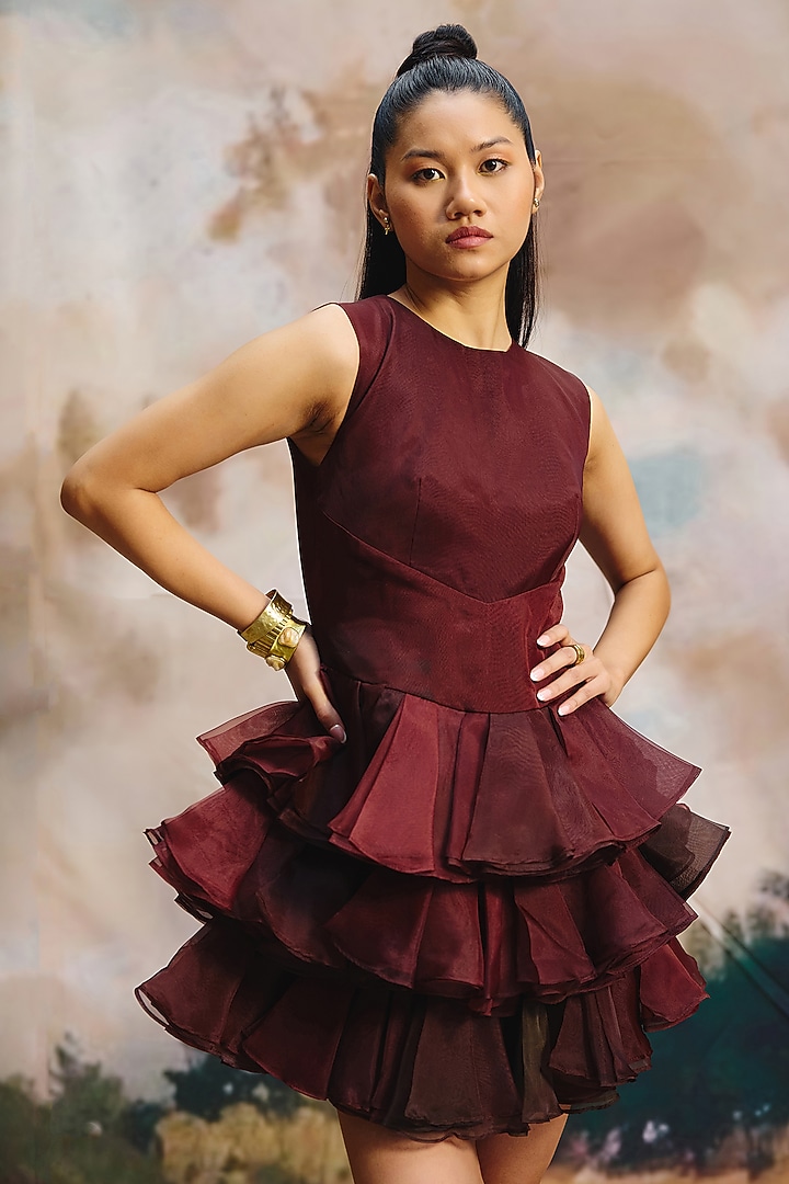 Deep Burgundy Organza Ruffled Mini Summer Dress by ZiP by Payal & Zinal at Pernia's Pop Up Shop