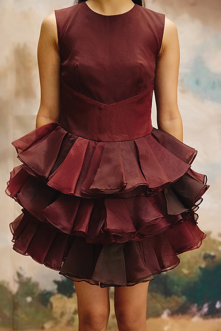 Deep Burgundy Organza Ruffled Mini Summer Dress by ZiP by Payal & Zinal at Pernia's Pop Up Shop