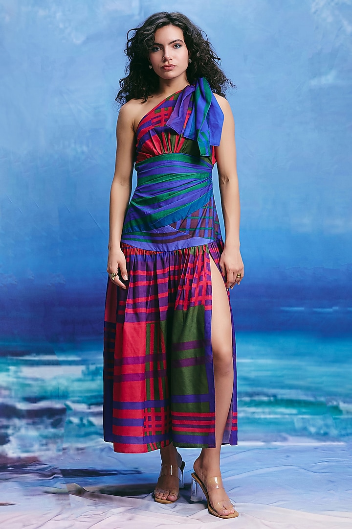 Multi-Colored Linen One-Shoulder Midi Summer Dress by ZiP by Payal & Zinal at Pernia's Pop Up Shop