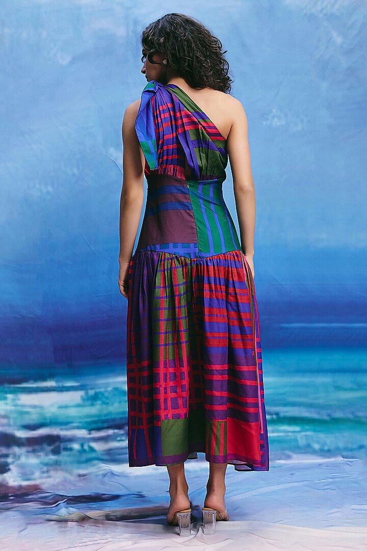 Multi-Colored Linen One-Shoulder Midi Summer Dress by ZiP by Payal & Zinal at Pernia's Pop Up Shop