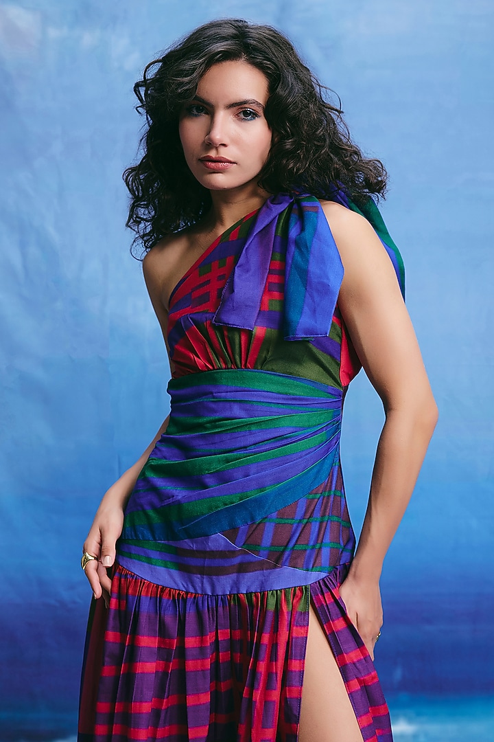 Multi-Colored Linen One-Shoulder Midi Summer Dress by ZiP by Payal & Zinal at Pernia's Pop Up Shop