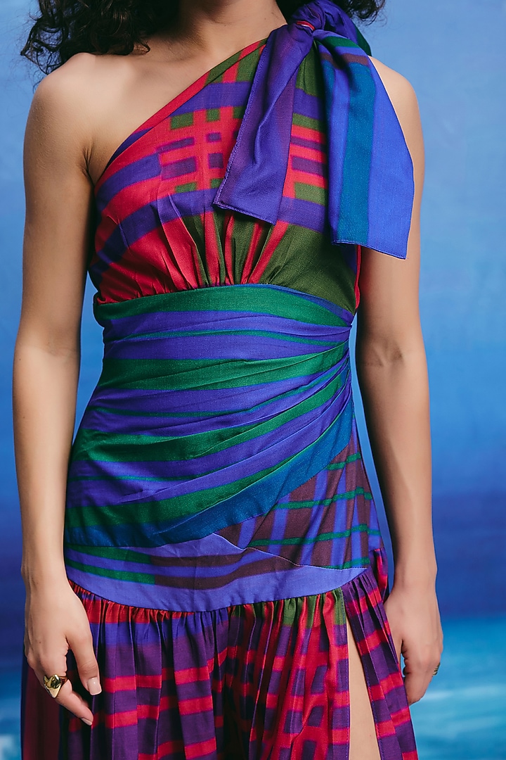 Multi-Colored Linen One-Shoulder Midi Summer Dress by ZiP by Payal & Zinal at Pernia's Pop Up Shop
