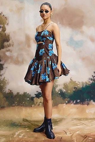 Brown Linen Floral Printed Mini Dress by ZiP by Payal & Zinal