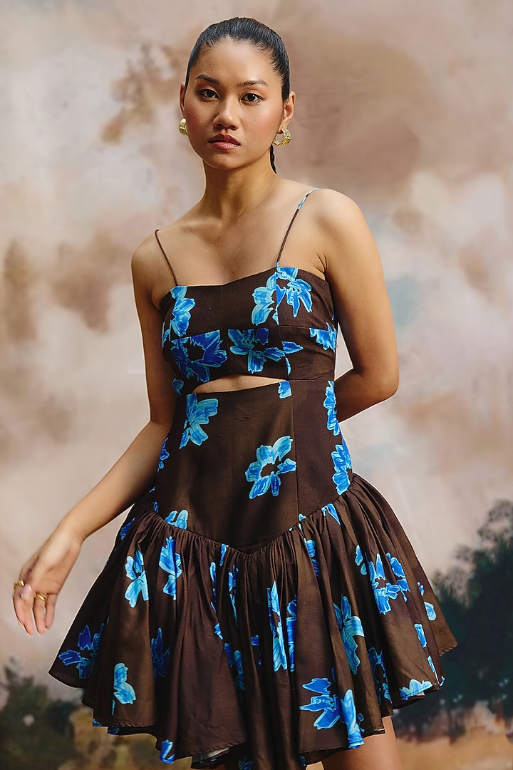 Brown Linen Floral Printed Mini Summer Dress by ZiP by Payal & Zinal at Pernia's Pop Up Shop